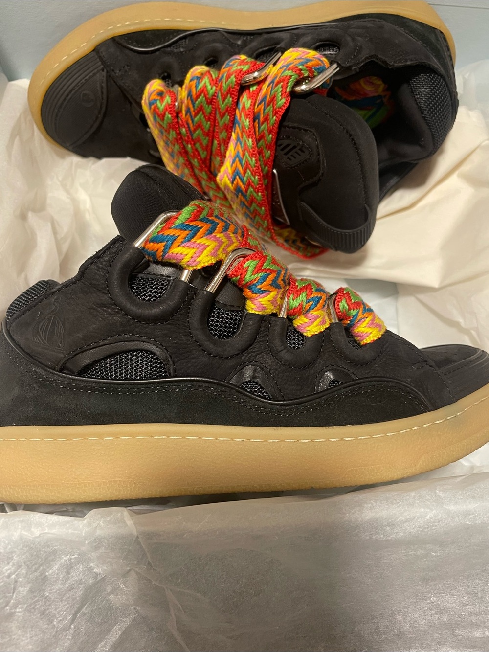 Authentic Lanvin Men’s Black Curb Sneakers with Rainbow Woven Strap- Size 40